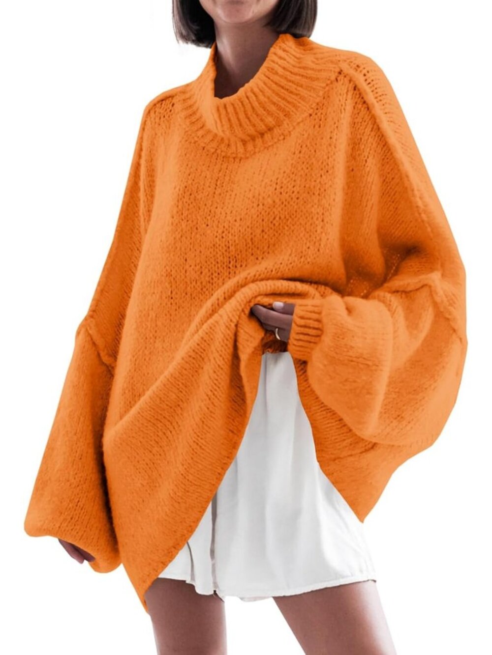 Women's Orange Casual Oversized Sweaters Mock Neck Fall Winter Tunic Sweater